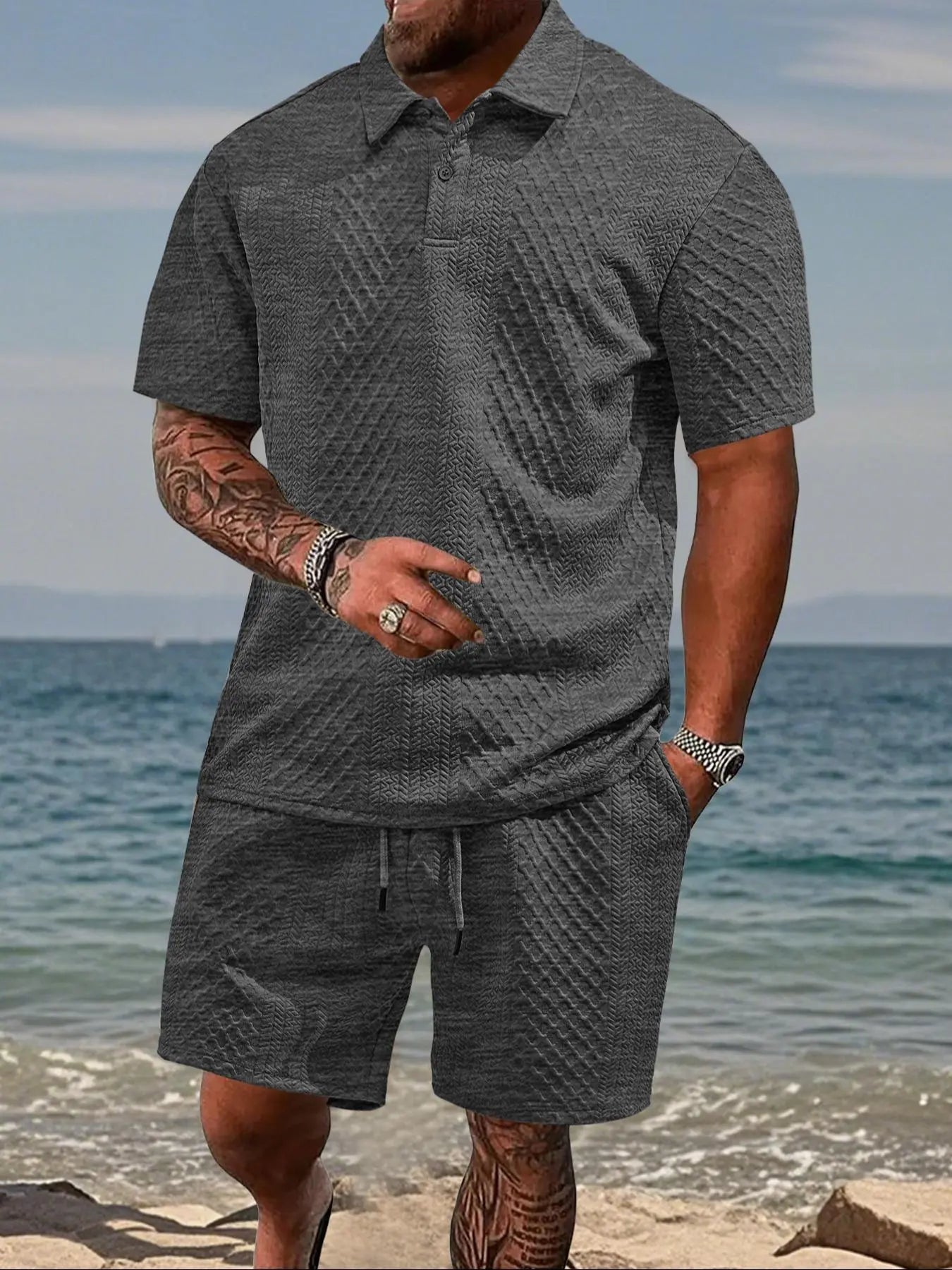 Stay Cool and Stylish This Summer with Our Men's Solid Polo Shirt & Drawstring Waist Shorts Set - Perfect for Outdoor Adventures!