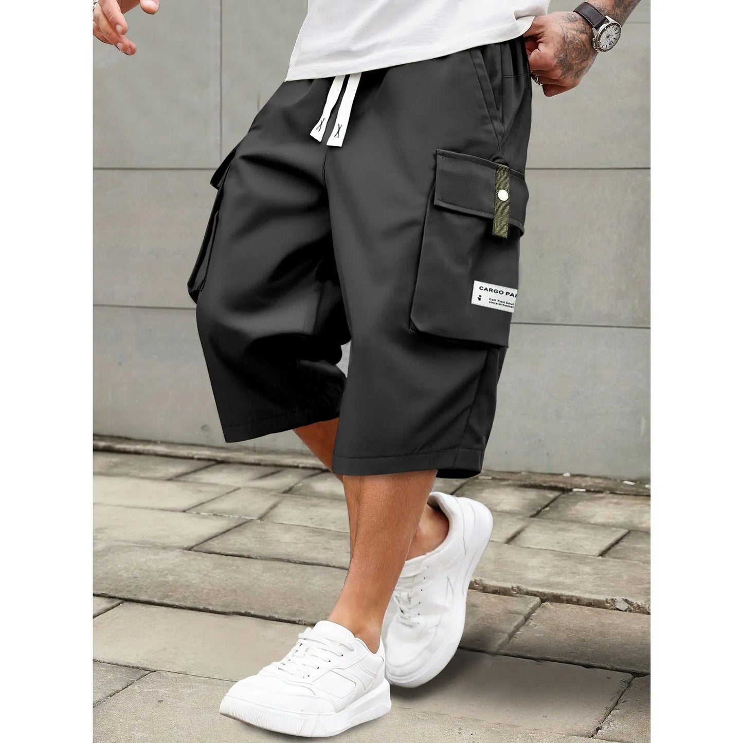 Elevate Your Summer Style with Men's Casual Cargo Shorts - Comfortable Elastic Drawstring Waist, Versatile Pockets, and Trendy Letter Patch Design for Effortless Everyday Wear