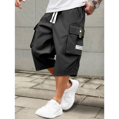 Elevate Your Summer Style with Men's Casual Cargo Shorts - Comfortable Elastic Drawstring Waist, Versatile Pockets, and Trendy Letter Patch Design for Effortless Everyday Wear