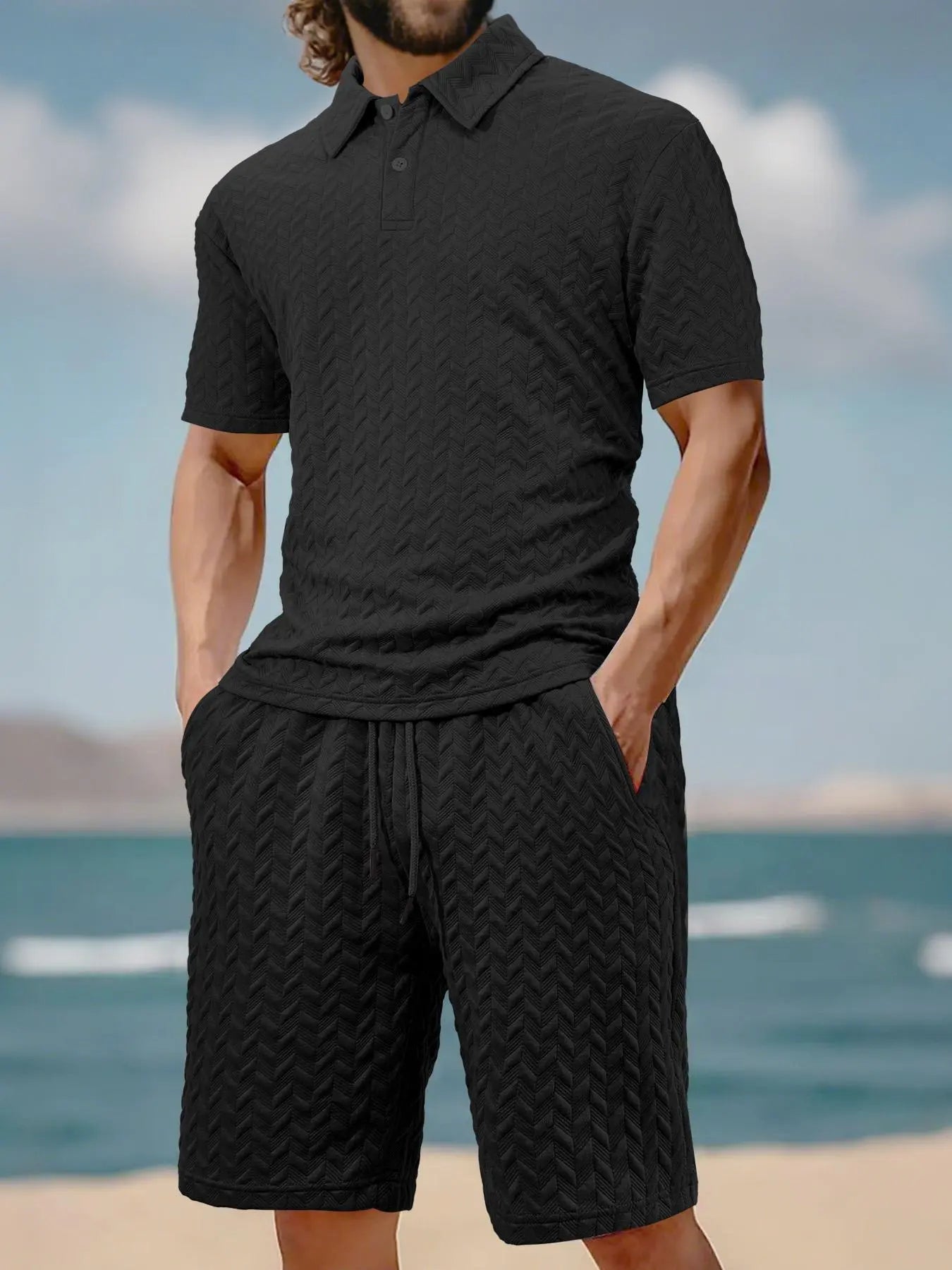 Stay Cool and Stylish This Summer with Our Men's Solid Polo Shirt & Drawstring Waist Shorts Set - Perfect for Outdoor Adventures!