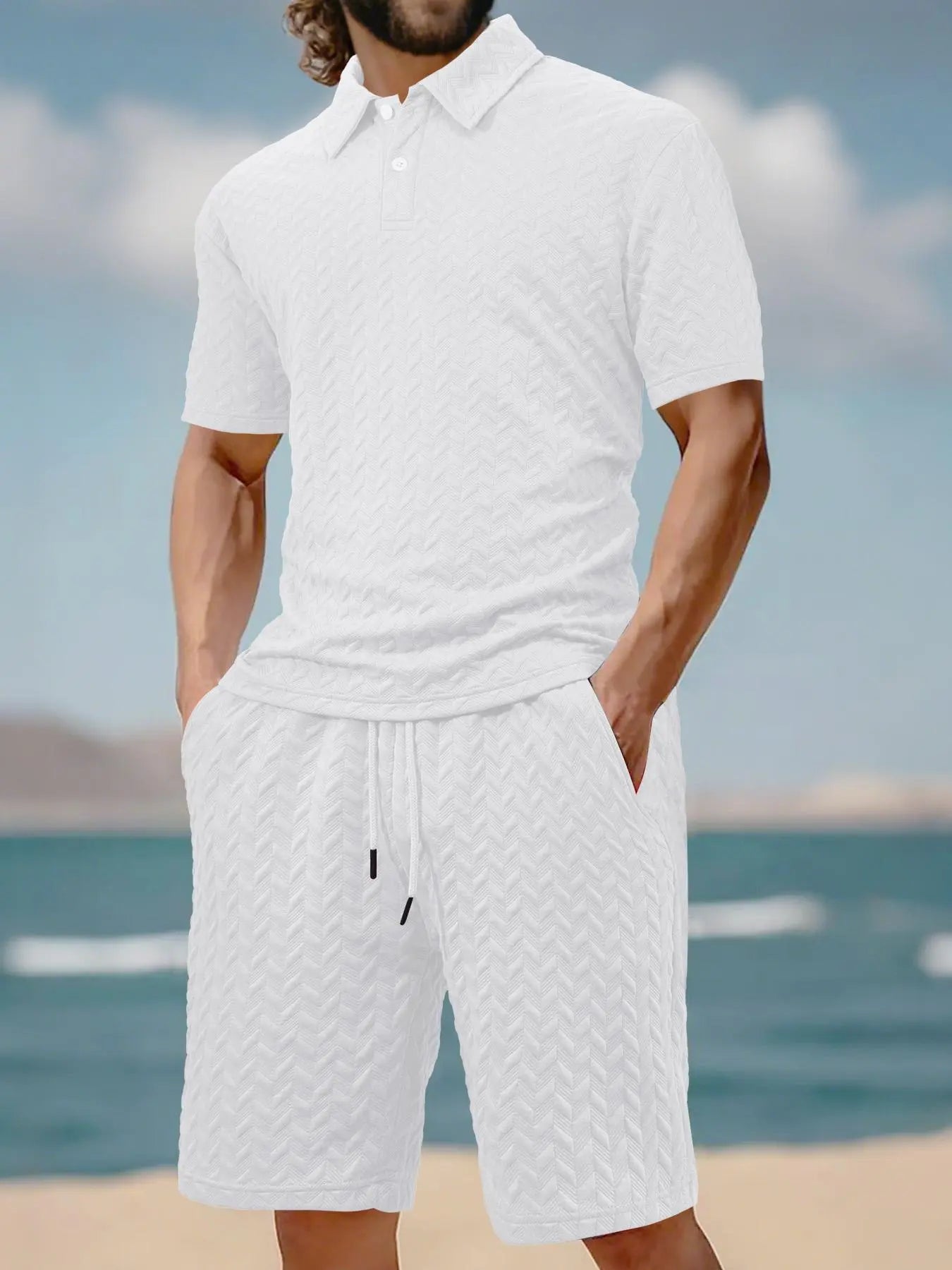 Stay Cool and Stylish This Summer with Our Men's Solid Polo Shirt & Drawstring Waist Shorts Set - Perfect for Outdoor Adventures!