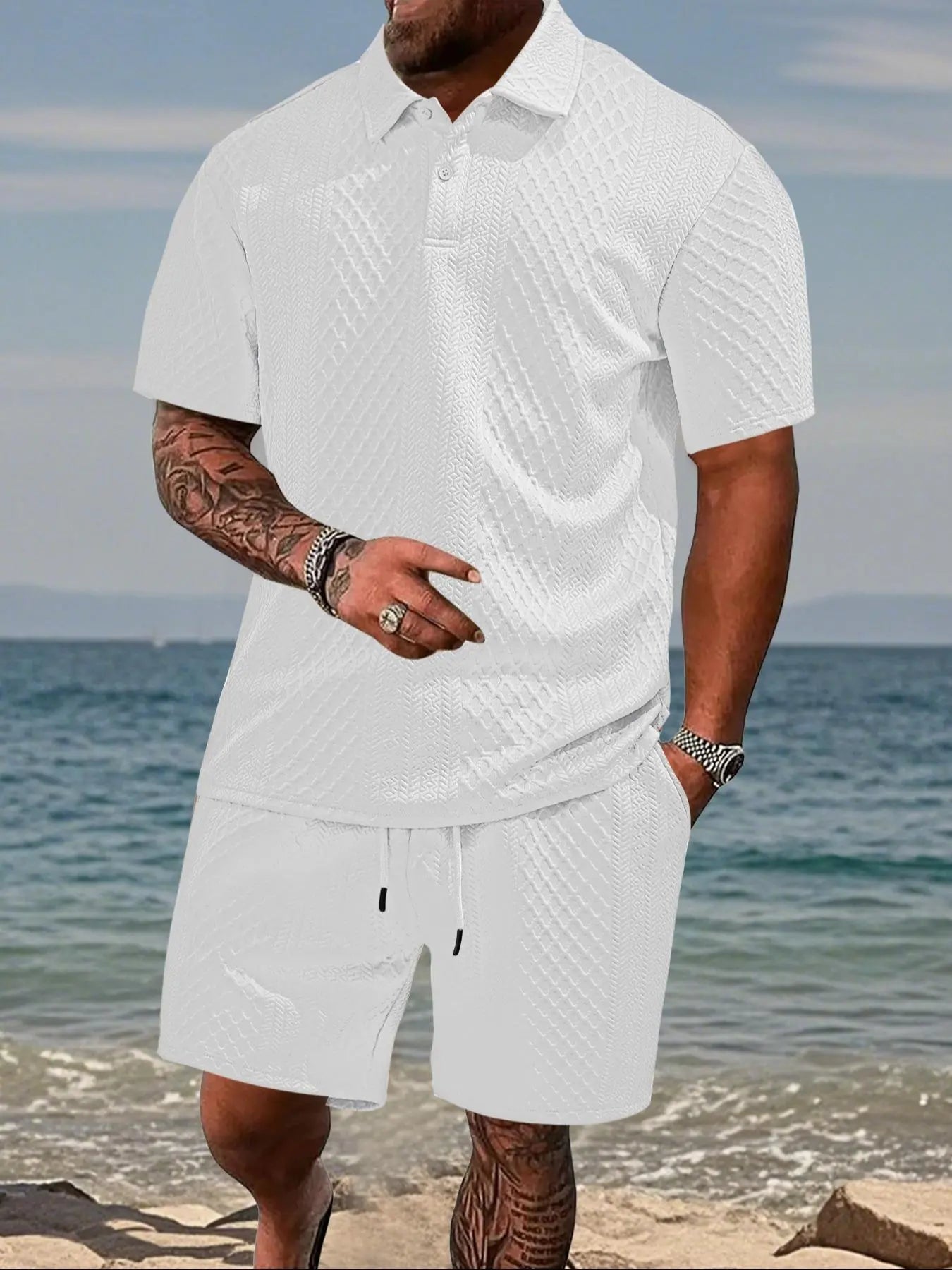 Stay Cool and Stylish This Summer with Our Men's Solid Polo Shirt & Drawstring Waist Shorts Set - Perfect for Outdoor Adventures!