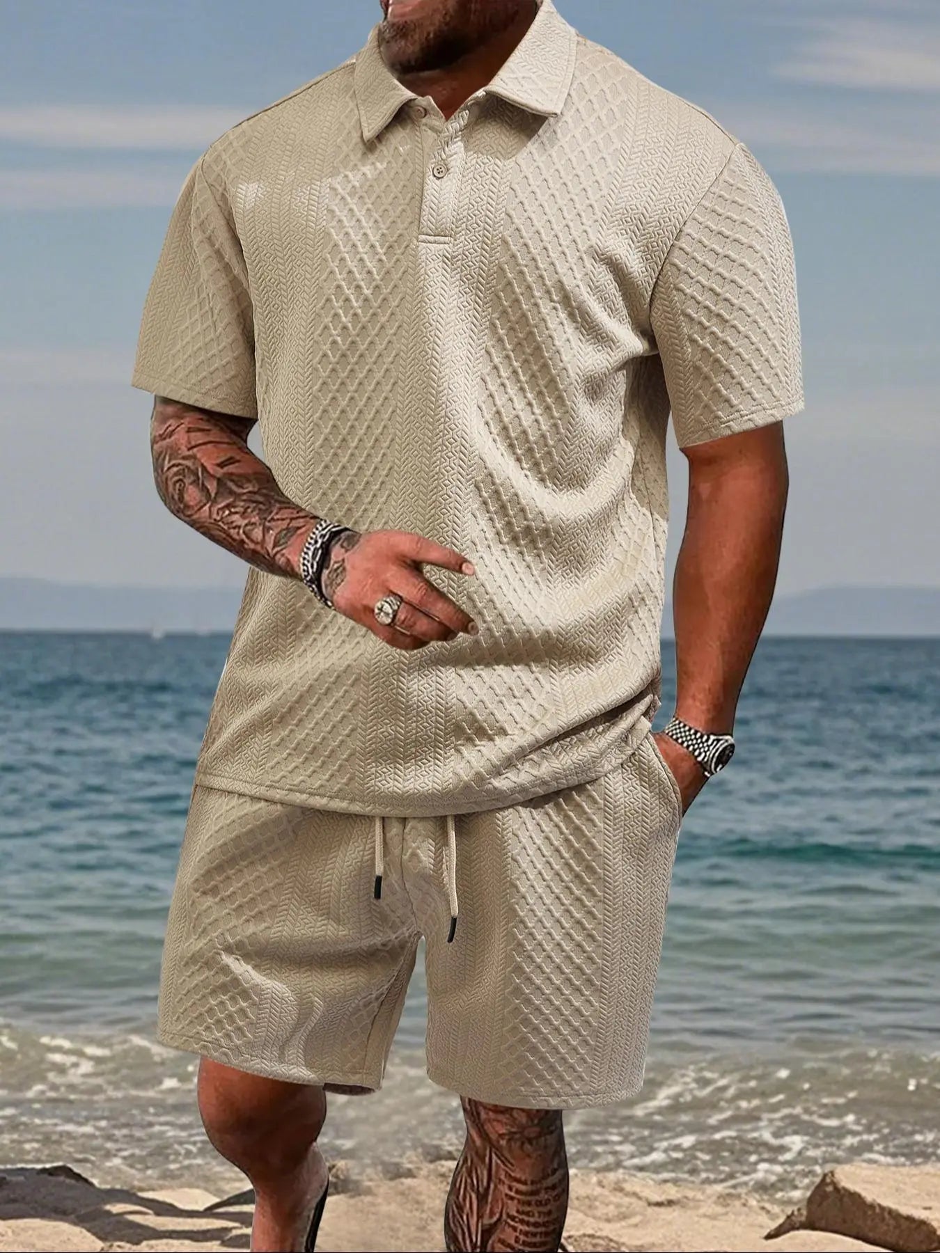 Stay Cool and Stylish This Summer with Our Men's Solid Polo Shirt & Drawstring Waist Shorts Set - Perfect for Outdoor Adventures!