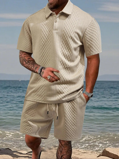 Stay Cool and Stylish This Summer with Our Men's Solid Polo Shirt & Drawstring Waist Shorts Set - Perfect for Outdoor Adventures!