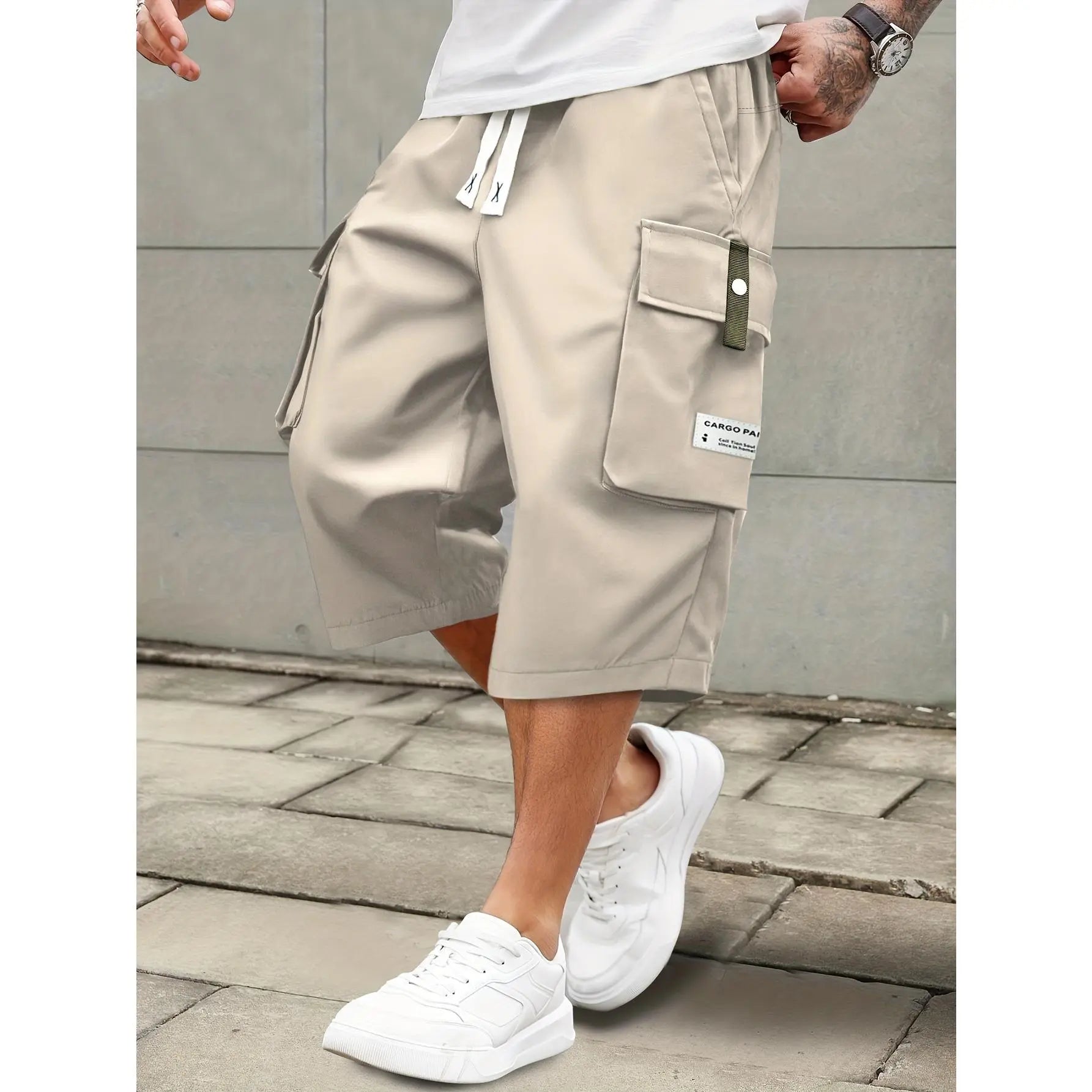 Elevate Your Summer Style with Men's Casual Cargo Shorts - Comfortable Elastic Drawstring Waist, Versatile Pockets, and Trendy Letter Patch Design for Effortless Everyday Wear