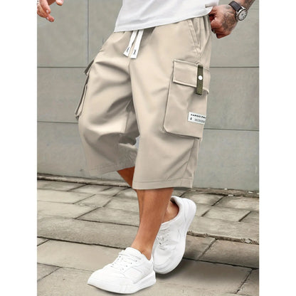 Elevate Your Summer Style with Men's Casual Cargo Shorts - Comfortable Elastic Drawstring Waist, Versatile Pockets, and Trendy Letter Patch Design for Effortless Everyday Wear