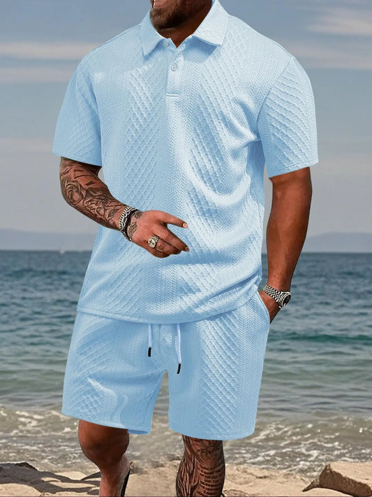 Stay Cool and Stylish This Summer with Our Men's Solid Polo Shirt & Drawstring Waist Shorts Set - Perfect for Outdoor Adventures!