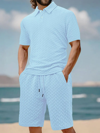 Stay Cool and Stylish This Summer with Our Men's Solid Polo Shirt & Drawstring Waist Shorts Set - Perfect for Outdoor Adventures!