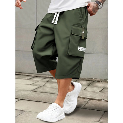 Elevate Your Summer Style with Men's Casual Cargo Shorts - Comfortable Elastic Drawstring Waist, Versatile Pockets, and Trendy Letter Patch Design for Effortless Everyday Wear