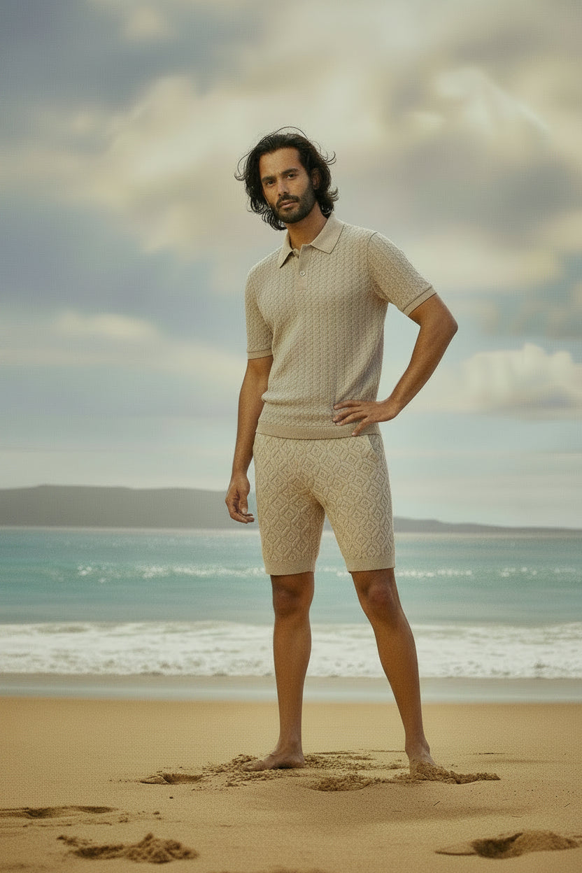 Stay Cool and Stylish This Summer with Our Men's Solid Polo Shirt & Drawstring Waist Shorts Set - Perfect for Outdoor Adventures!