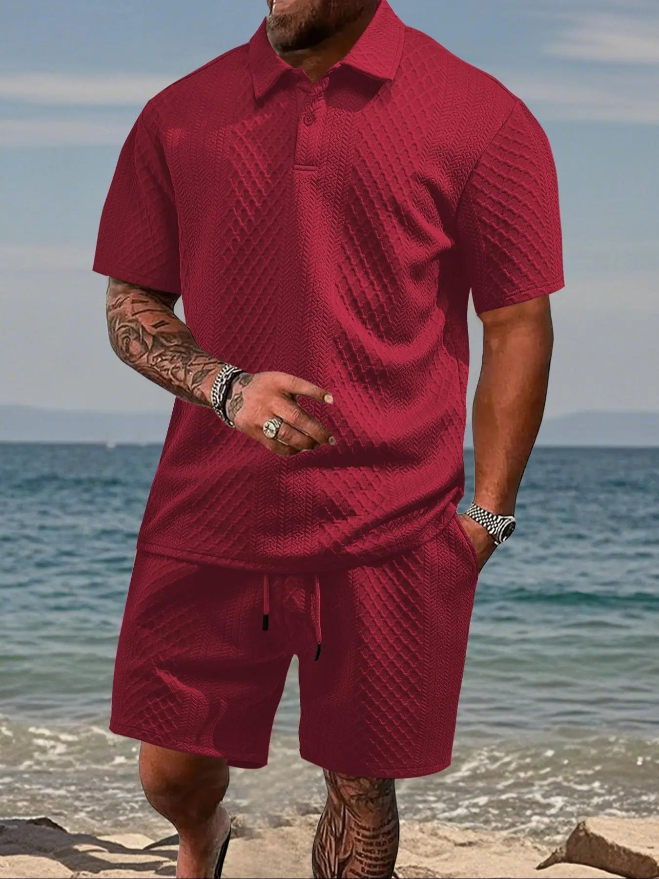 Stay Cool and Stylish This Summer with Our Men's Solid Polo Shirt & Drawstring Waist Shorts Set - Perfect for Outdoor Adventures!