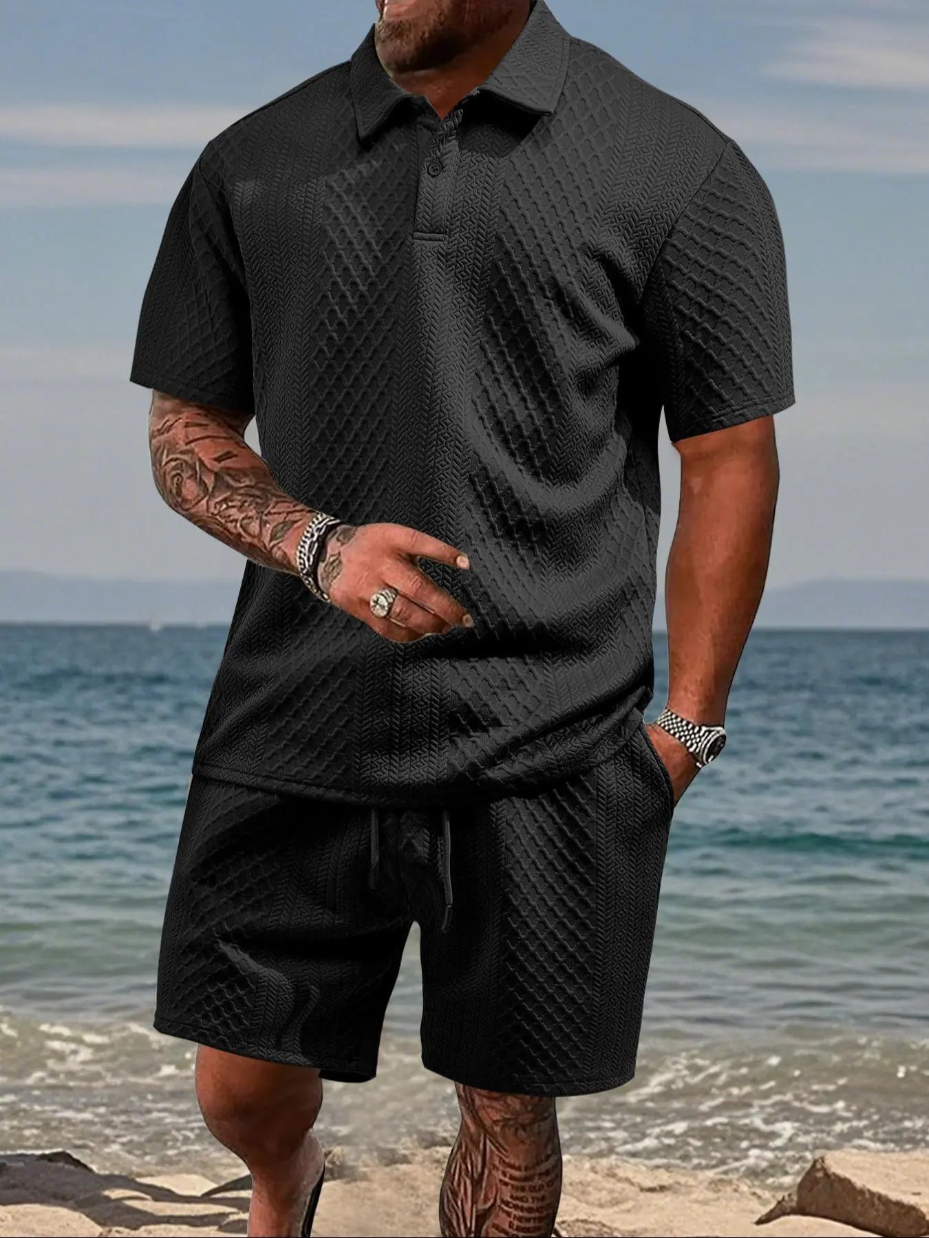 Stay Cool and Stylish This Summer with Our Men's Solid Polo Shirt & Drawstring Waist Shorts Set - Perfect for Outdoor Adventures!