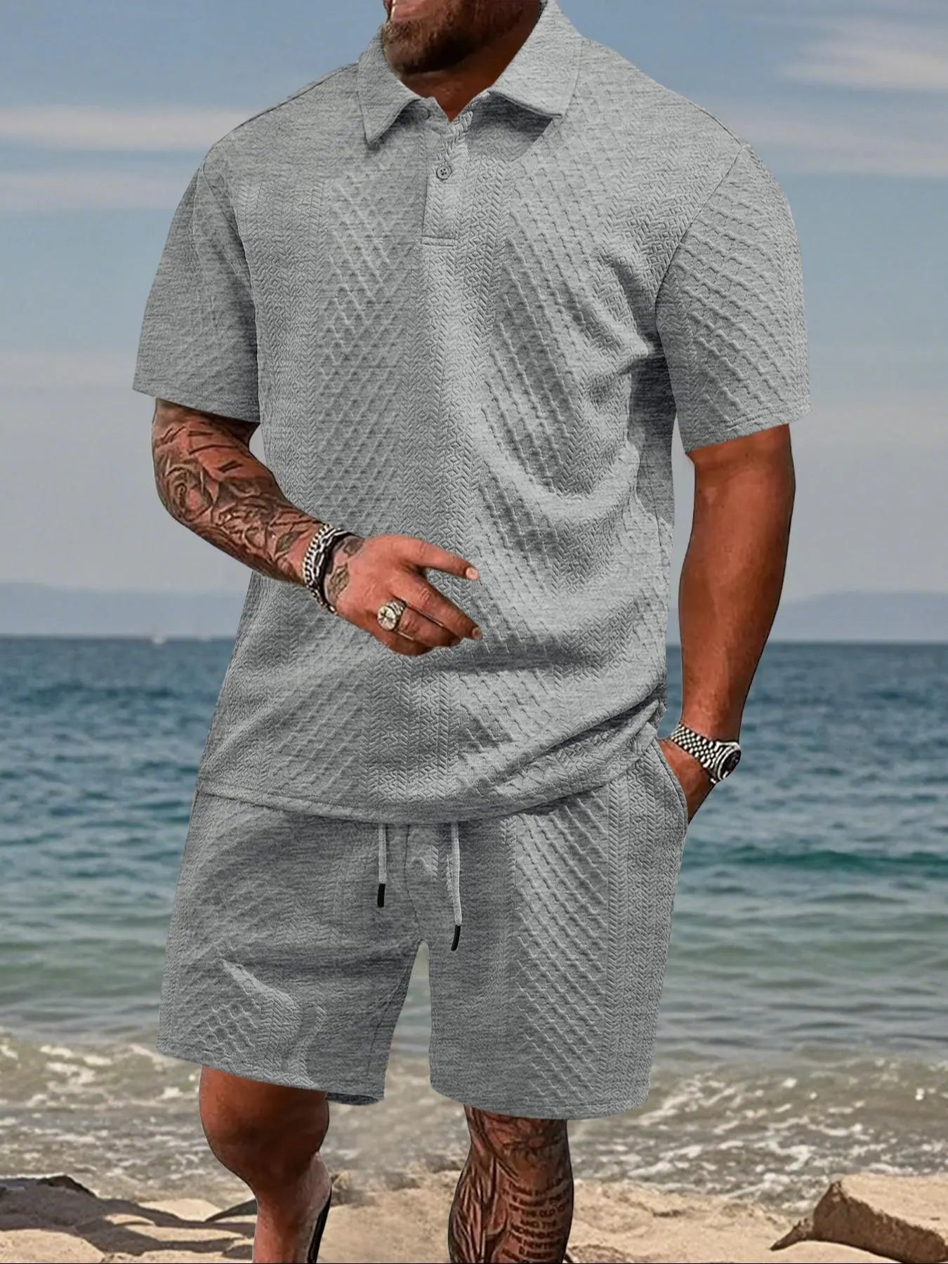 Stay Cool and Stylish This Summer with Our Men's Solid Polo Shirt & Drawstring Waist Shorts Set - Perfect for Outdoor Adventures!