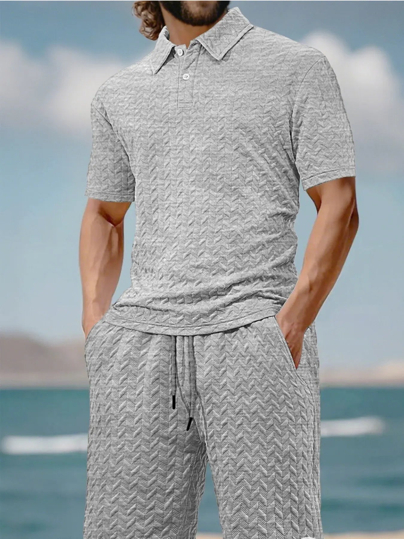 Stay Cool and Stylish This Summer with Our Men's Solid Polo Shirt & Drawstring Waist Shorts Set - Perfect for Outdoor Adventures!