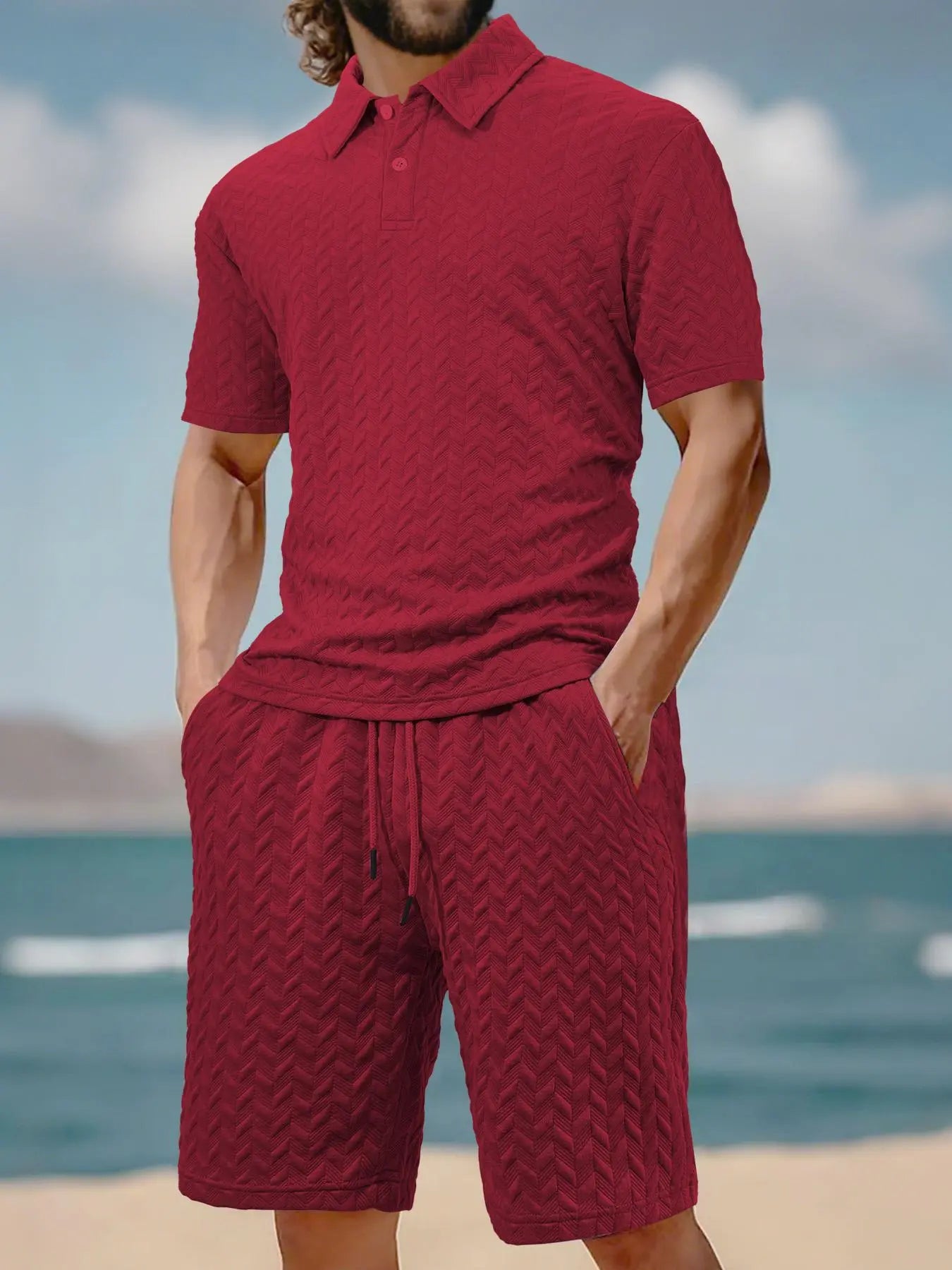 Stay Cool and Stylish This Summer with Our Men's Solid Polo Shirt & Drawstring Waist Shorts Set - Perfect for Outdoor Adventures!