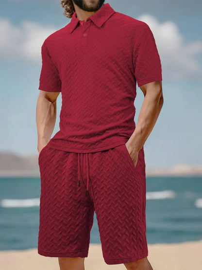 Stay Cool and Stylish This Summer with Our Men's Solid Polo Shirt & Drawstring Waist Shorts Set - Perfect for Outdoor Adventures!